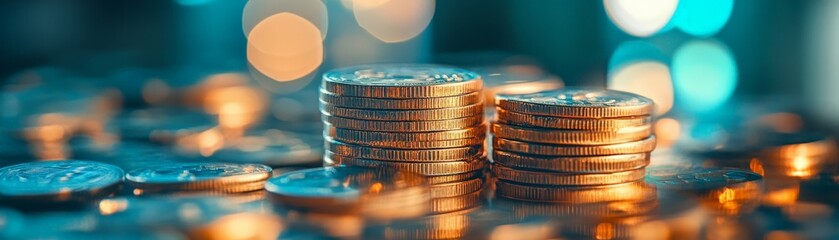 Stacks of shiny coins with a blurred background, symbolizing wealth, investment, and financial growth in a vibrant and colorful setting.