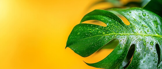  Close-up of a green leaf with dewdrops and a solitary water drop on yellow background