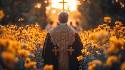 Wall Mural - Priest walking in field of flowers at sunset with cross in background