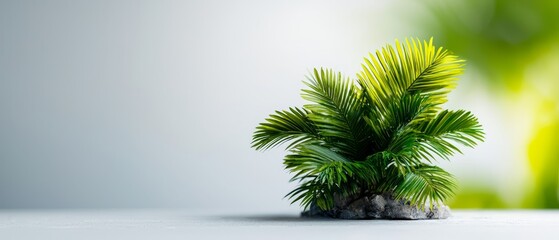 Canvas Print -  A small potted plant sits atop a white table Nearby, a green leafy plant rests on a rock