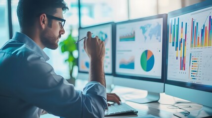 Poster - Juxtaposition of an analyst with their tools - computer dashboard used for efficient data analysis AI generated illustration