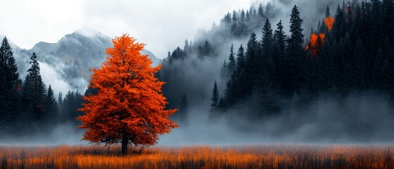 Wall Mural -  A solitary tree stands before a mountain range, fog shrouding its peak Low-lying trees dot the foreground