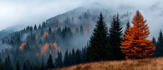 Canvas Print -  A mountain shrouded in fog with trees in the foreground and a solitary red tree