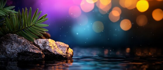 Wall Mural -  A tight shot of a rock submerged in water, sporting a plant sprouting from its peak