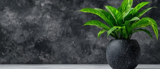 Poster -  A tight shot of a blooming plant in a vase, situated before a gray wall against a black backdrop