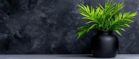 Poster -  A black vase, filled with a green plant, sits atop a white table Nearby is a gray wall, while a black wall lies behind the scene