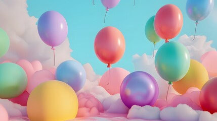 Poster - Lighthearted 3D abstract scene with bouncing balloons AI generated illustration