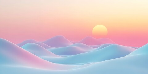 Soothing pastel sunrise in minimalistic 3d abstract landscape with rolling hills