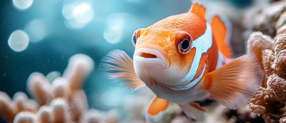  A tight shot of an orange-white striped fish against coral Surrounding waters teem with blue and white bubble trails