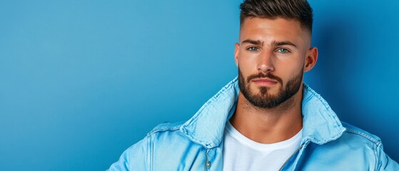  A young man in a blue jacket and white T-shirt, sporting a goatee and beard, gazes at the camera