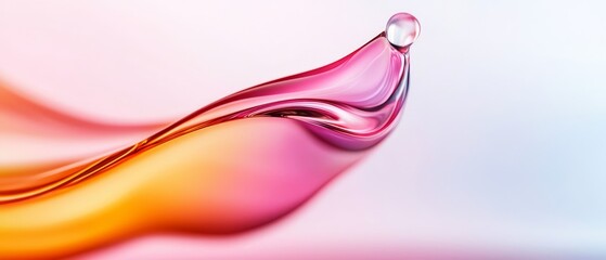 Wall Mural -  Close-up of a drop of water against pink and blue backdrop Behind it, a pink and yellow wave forms