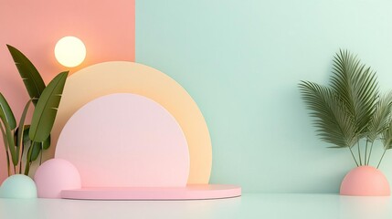 Simple 3D display with pastel tones and subtle lighting, minimalist design, modern showcase