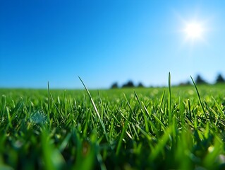 Expansive Lush Green Lawn Under Bright Sunny Blue Sky with Clear Space