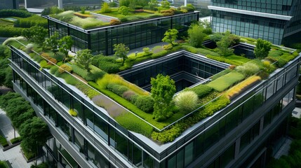 Low carbon emission corporate building integrated with multiple rooftop gardens AI generated illustration