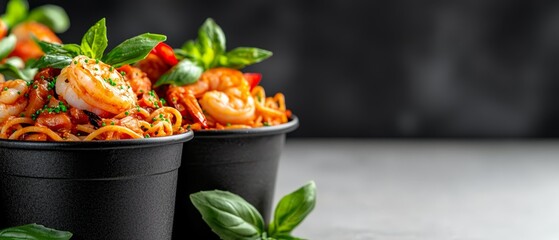 Wall Mural -  Two cups of pasta with shrimp and basil Garnish with Parmesan cheese