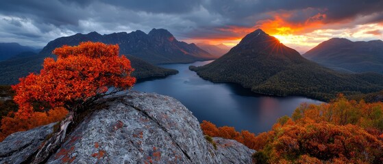 Canvas Print -  Tree atop large rock by water's edge, mountain range behind