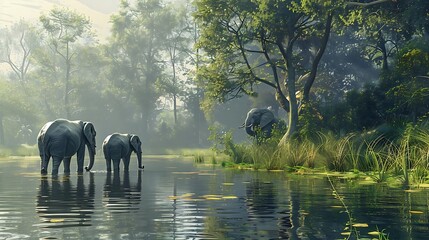 Poster - A serene scene of elephants wading through a tranquil water body surrounded by lush greenery.