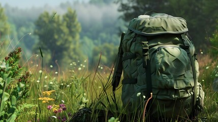 Sticker - A green backpack rests on grass in a serene, natural landscape.