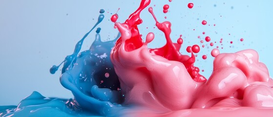 Poster -  Blue and pink liquids intermingle as they splash onto a container already filled with more of the same hueful blend