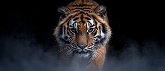 Wall Mural -  A tight shot of a tiger in darkness, smoke billowing from its rear face