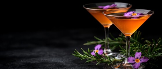 Sticker -  Two glasses of drinks, each adorned with a flower, against a black backdrop