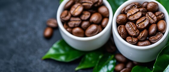 Sticker -  Two white cups hold coffee beans atop a green table, leaf-covered, adjacent to a third cup filled with beans