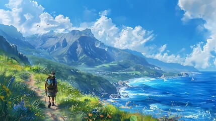 Canvas Print - A serene landscape depicting a hiker walking along a coastal path with mountains and vibrant nature.