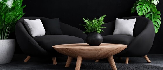 two black couches, wood table