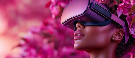 Canvas Print -  Woman in VR headset before pink-flowered tree, pink sky behind