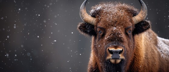 Canvas Print -  A tight shot of a bison's face, covered in falling snow, its horns speckled with ice crystals