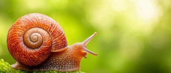  A tight shot of a snail on a moss-covered surface, surrounded by a lush, green background of trees