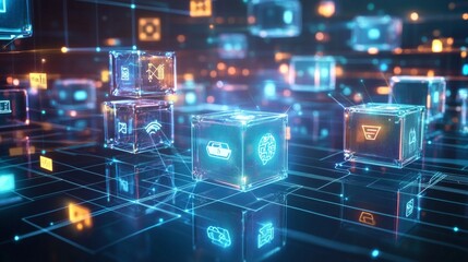 Poster - Abstract Digital Network with Glowing Cubes.