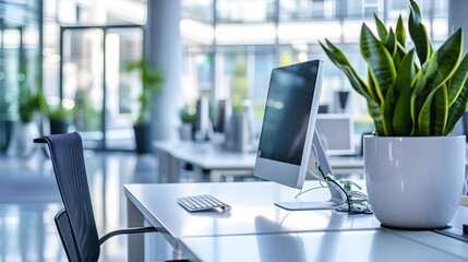 Poster - Macro shot of a high-tech workspace in a modern business center AI generated illustration