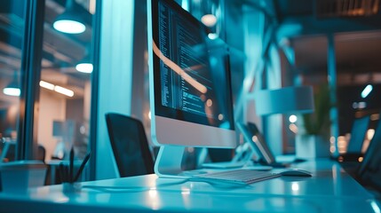 Poster - Macro shot of a high-tech workspace in a modern business center AI generated illustration
