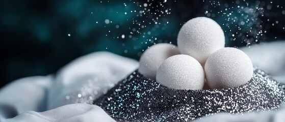 Canvas Print -  Three white balls atop a mound of black-and-white material, situated on a pristine white cloth