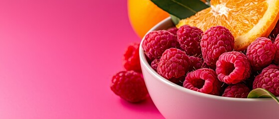  A bowl brimming with red raspberries and oranges rests atop a pink surface A lush green leaf crowns the bowl's peak