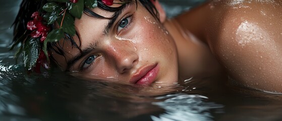 Poster -  A tight shot of a person submerged in water, wearing a crown of flowers and donning a wreath on their head