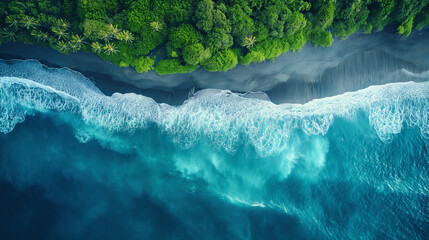 Bird's eye view of black sand beach and surf in Hawaii