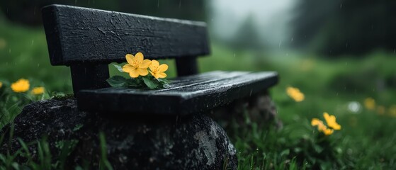 Wall Mural -  A small yellow flower atop a wooden bench in a field, surrounded by yellow blooms emerging from its background