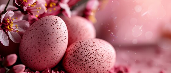 Poster -  A collection of eggs atop a table, accompanied by a bouquet of pink flowers also seated there