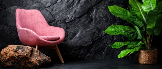 Poster -  A pink chair beside a rock, a potted plant in front; black backdrop with wall and background identical