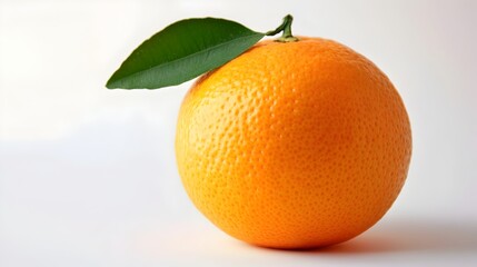 Wall Mural - Closeup of Vibrant Orange Citrus Fruit with Leaf on White Background