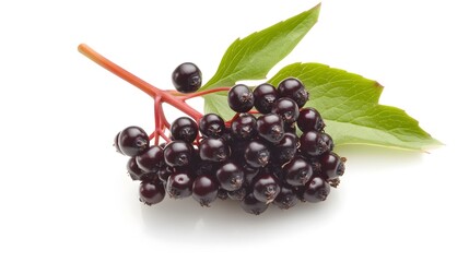 Wall Mural - Ripe Elderberry Cluster with Green Leaves on Wooden Background