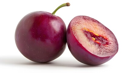 Wall Mural - Closeup of Ripe Red Plum Fruit with Half Sliced Showing Stone