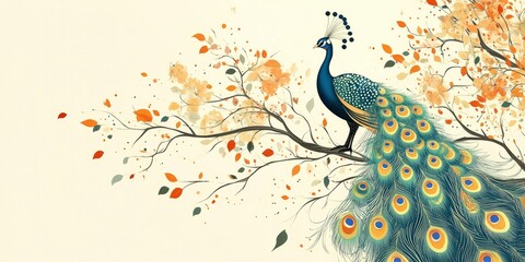 Wall Mural - Beautiful peacock with leaves, colorful dots and lines of a painting