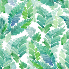 Seamless pattern with green palm watercolor leaves. Repeating floral pattern hand painted in watercolor.