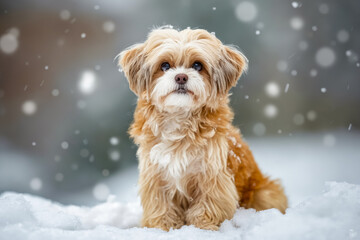 Poster - A small brown and white dog sitting in the snow