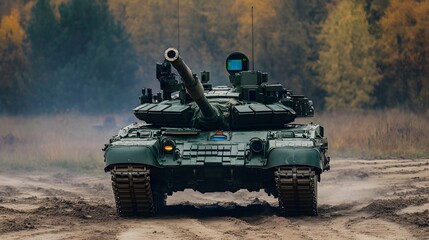 Camouflaged Military Tank Engaging in Outdoor Warfare Battle