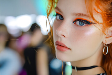 A woman with bright orange hair and blue eyes