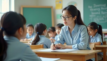 Asian children and Female teacher in classroom at elementary school. Examination, Learning and Education.